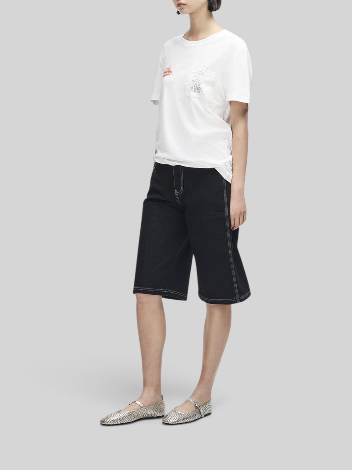 Baffle Haus A110 white lightweight recycled cotton blend t-shirt with chest pocket and motorsport-inspired print
