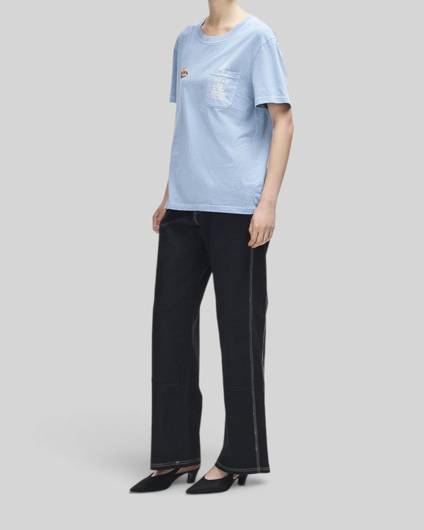 Baffle Haus A110 lightweight windward blue recycled cotton blend tee with chest pocket and motorsport-inspired print