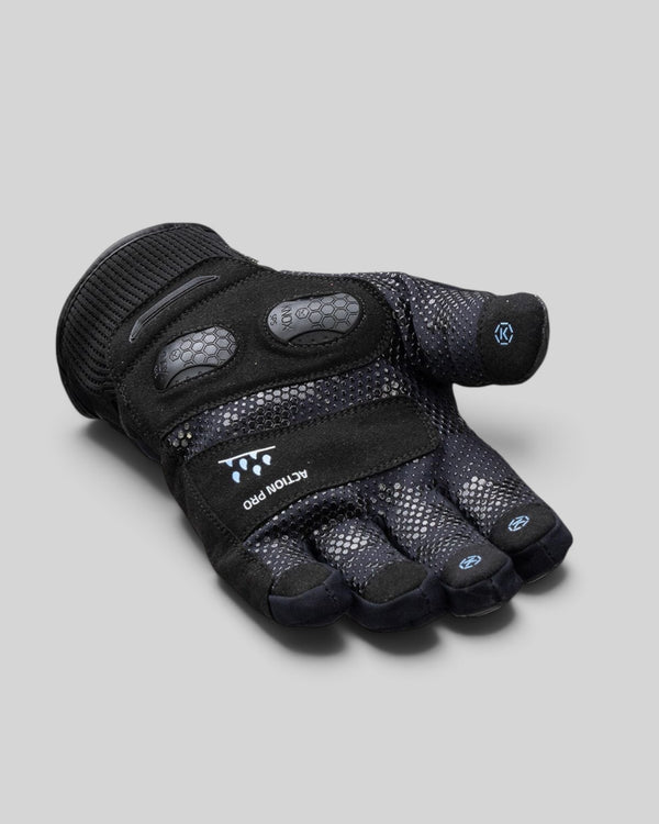 Baffle Haus Action Pro waterproof motorcycle glove in black with HDry technology, knuckle protection, and palm slider.
