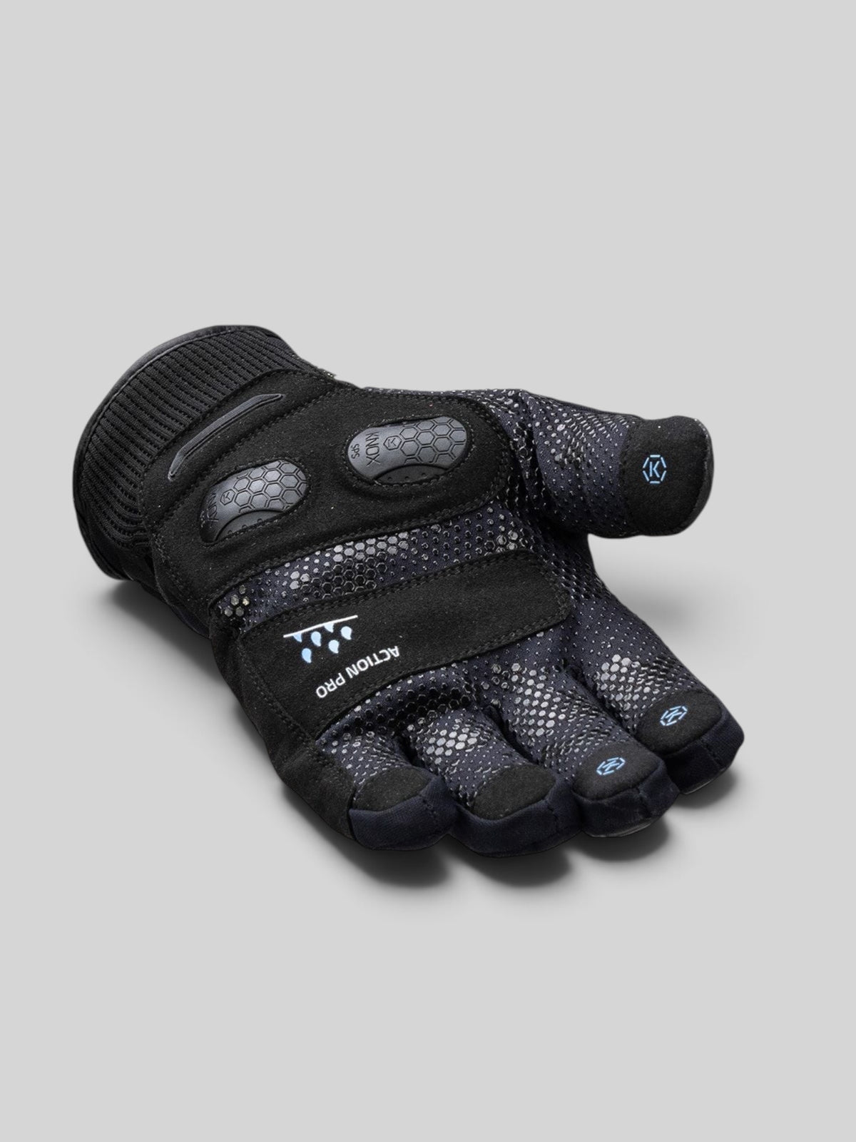 Baffle Haus Action Pro waterproof motorcycle glove in black with HDry technology, knuckle protection, and palm slider.