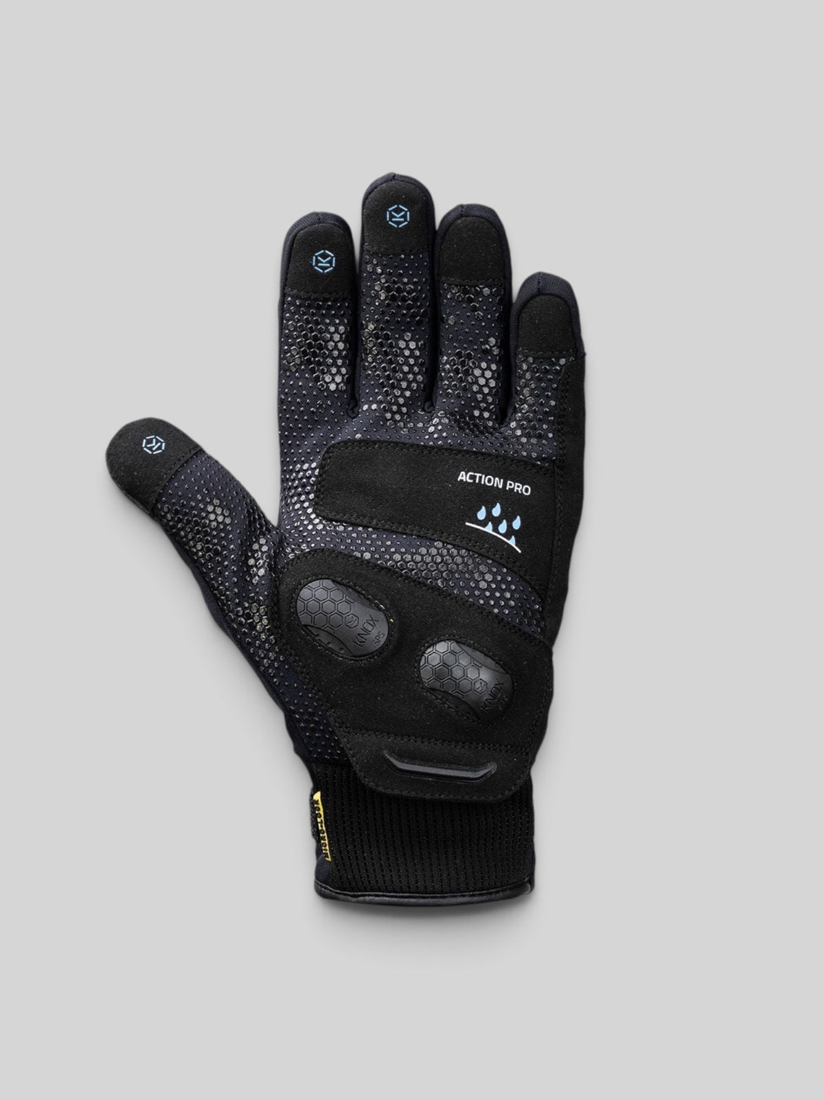Baffle Haus Action Pro waterproof motorcycle glove in black featuring HDry technology, palm protection, and grip.
