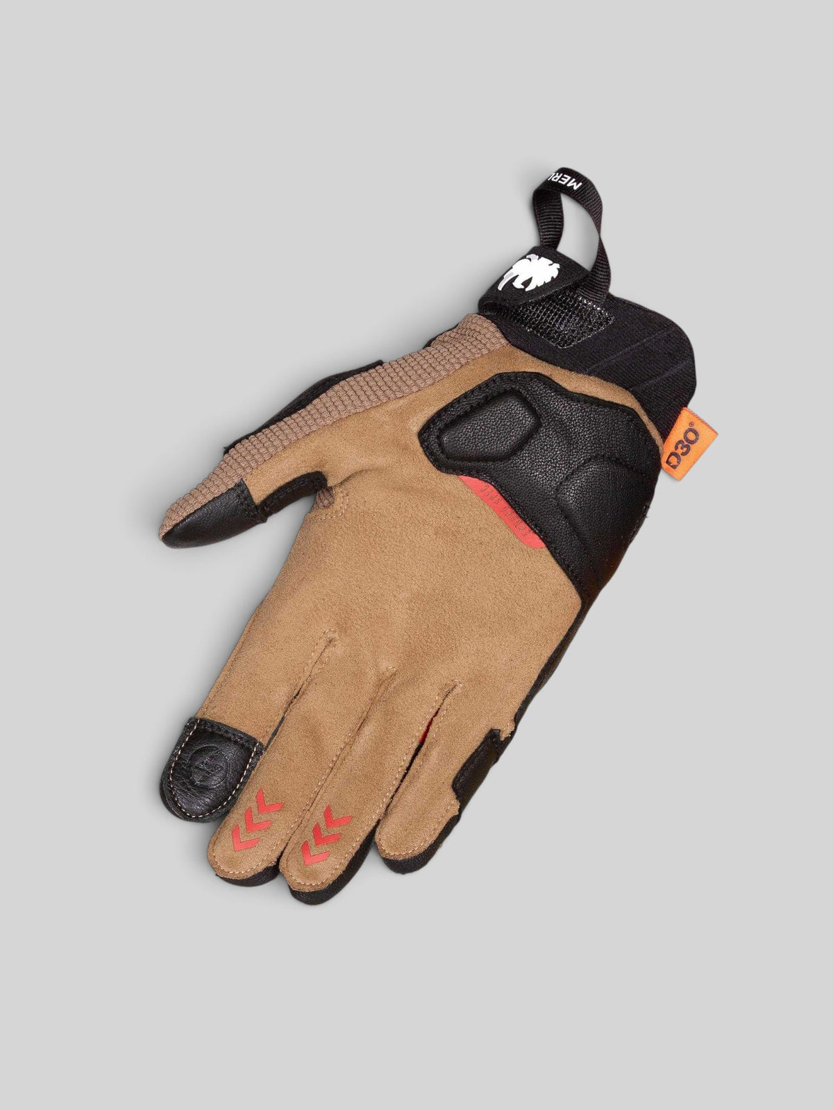 Baffle Haus Aerolite Enduro glove in brown featuring D3O Ghost knuckle armour, Ax leather alternative, and touch tips.