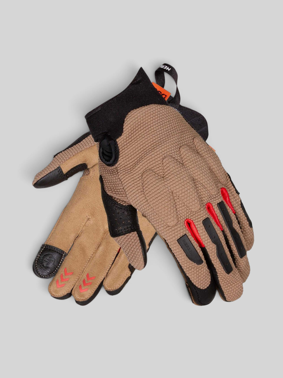 Baffle Haus Aerolite Enduro gloves in brown featuring D3O knuckle armour, Ax leather alternative, and touchscreen tips.