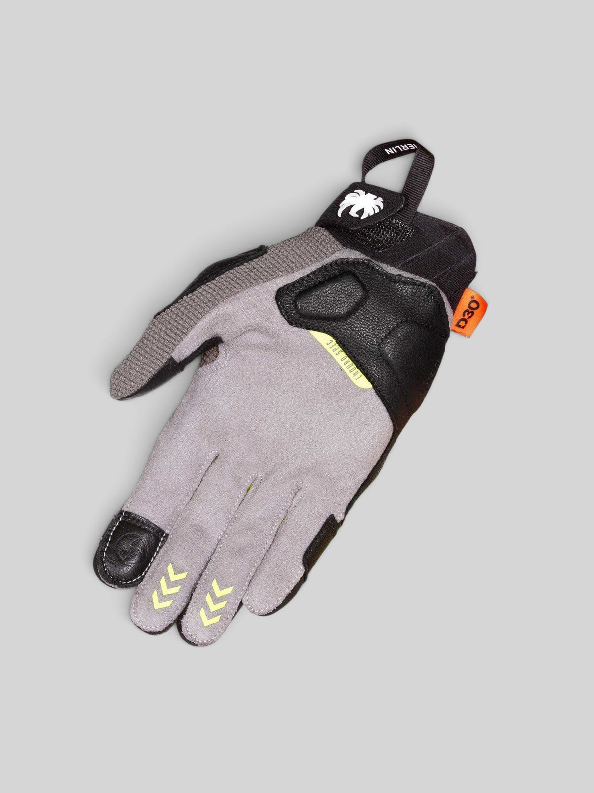 Baffle Haus Aerolite Enduro glove in grey with black D3O knuckle armour, silicone grip, and touchscreen fingertips.