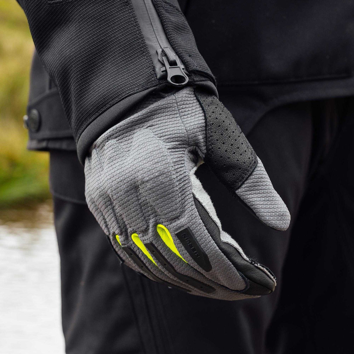 Baffle Haus Aerolite Enduro glove in grey with D3O knuckle armour and high-visibility yellow detailing