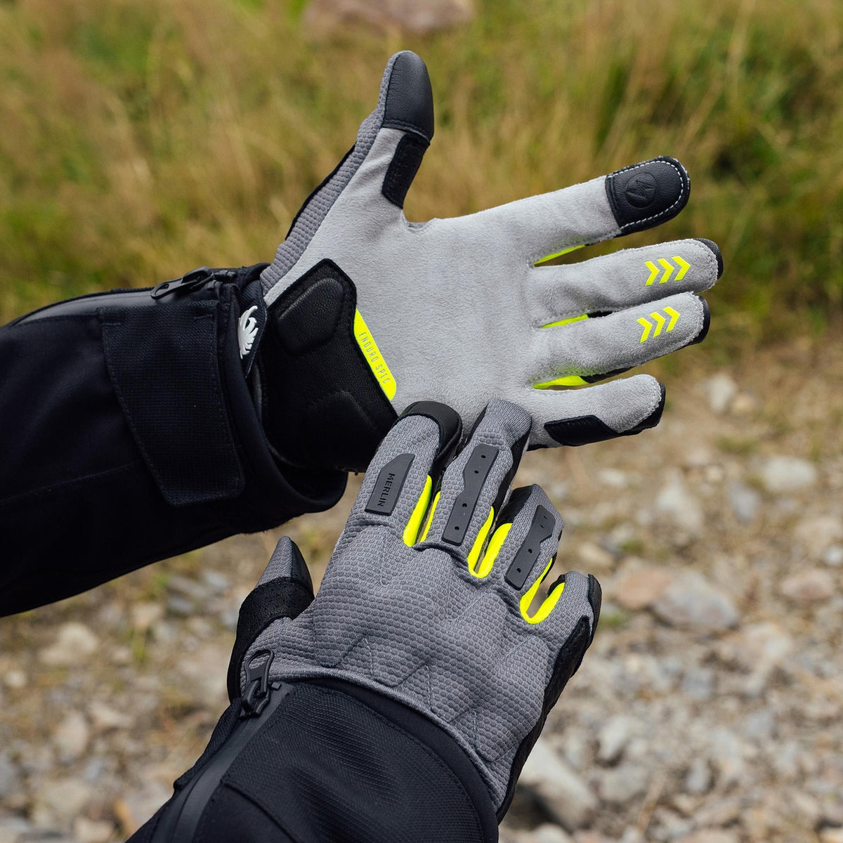 Baffle Haus Aerolite Enduro gloves in grey with neon yellow accents, D3O knuckle armour, and touchscreen fingertips.