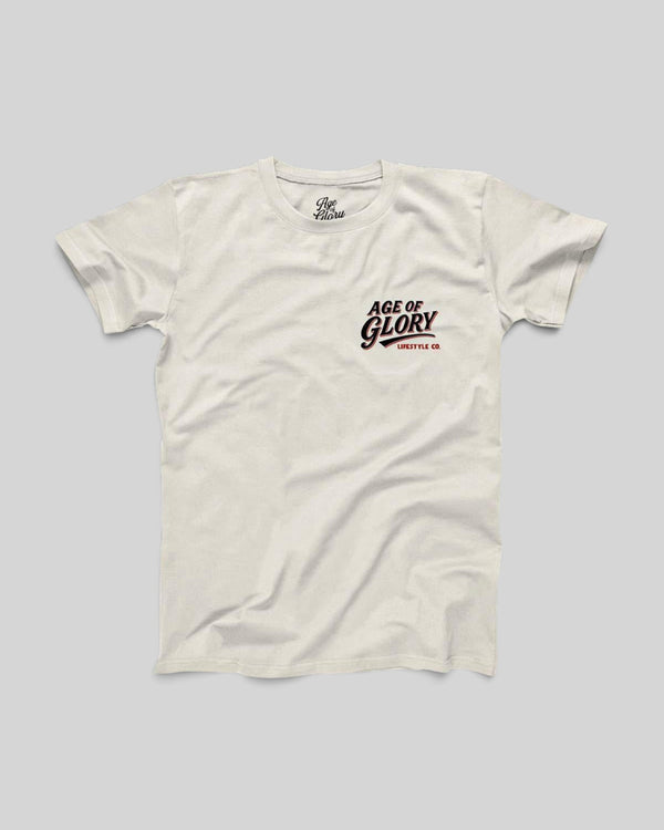 Baffle Haus Age of Glory ecru cotton t-shirt with vintage-inspired chest logo print