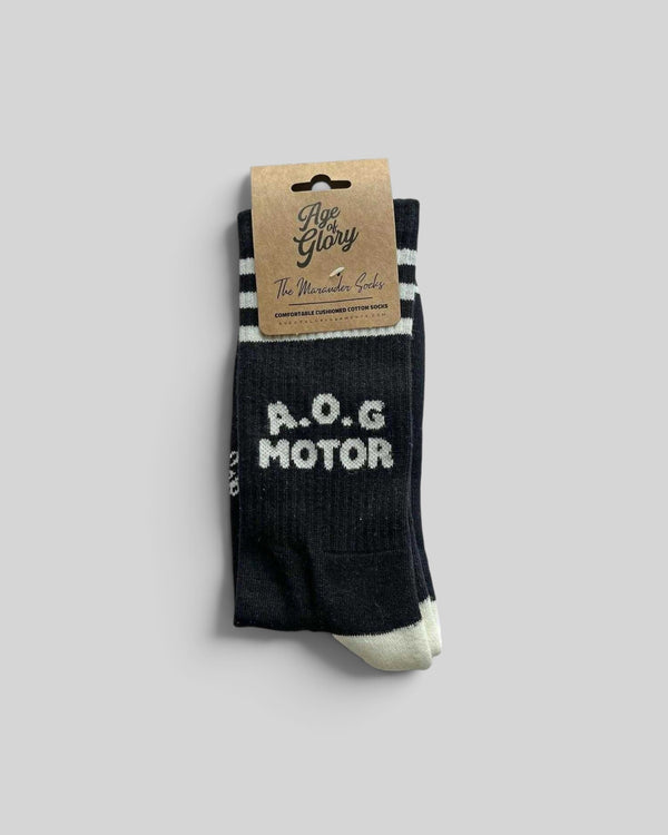 Baffle Haus Age of Glory Marauder black and off-white cotton motorcycle socks with retro striped design
