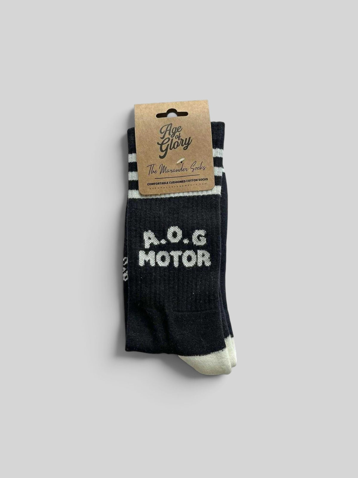 Baffle Haus Age of Glory Marauder black and off-white cotton motorcycle socks with retro striped design