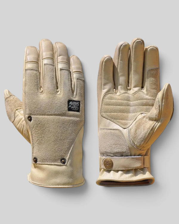 Baffle Haus Age of Glory Crafter leather motorcycle gloves in aged white with suede panels and vintage metal rivets.