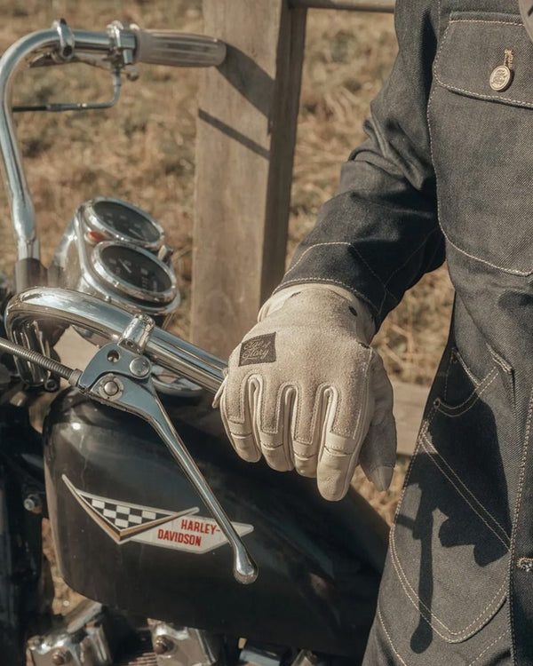 Baffle Haus Age of Glory Crafter leather motorcycle gloves in aged white with suede panels and vintage detailing