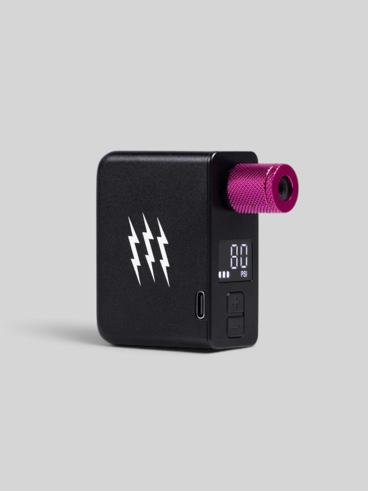Baffle Haus AirMach Electric Pro Inflator in black aluminium with a pink nozzle and digital LED pressure display.