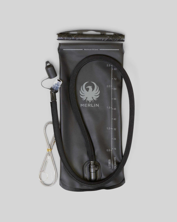 Baffle Haus Akashi 2.5L black hydration bladder with measurement markings and drinking tube