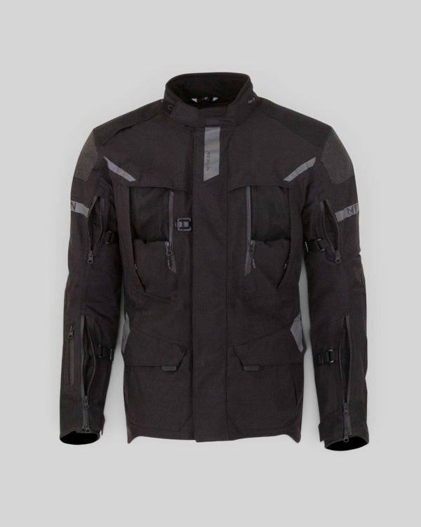 Baffle Haus Akashi Pro black laminated adventure motorcycle jacket with technical waterproof shell and ventilation