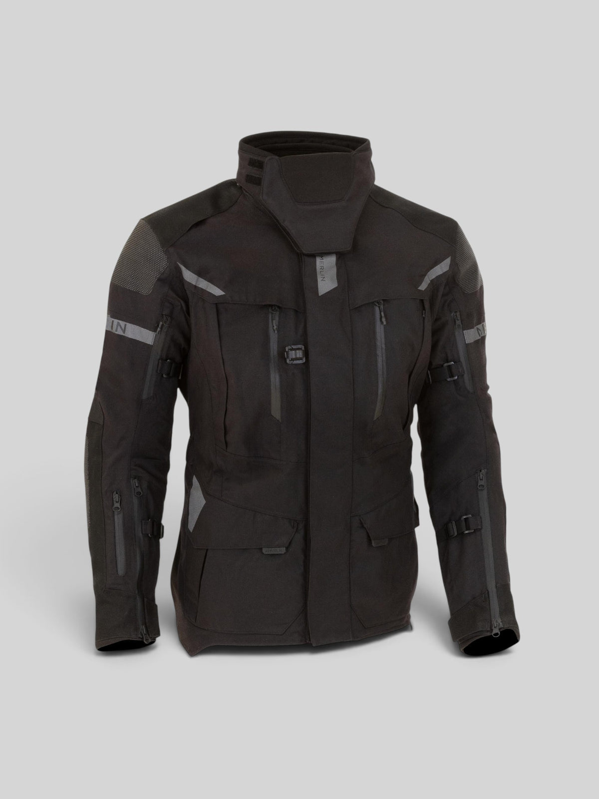 Baffle Haus Akashi Pro black laminated enduro motorcycle jacket with waterproof zippers and protective overlays.