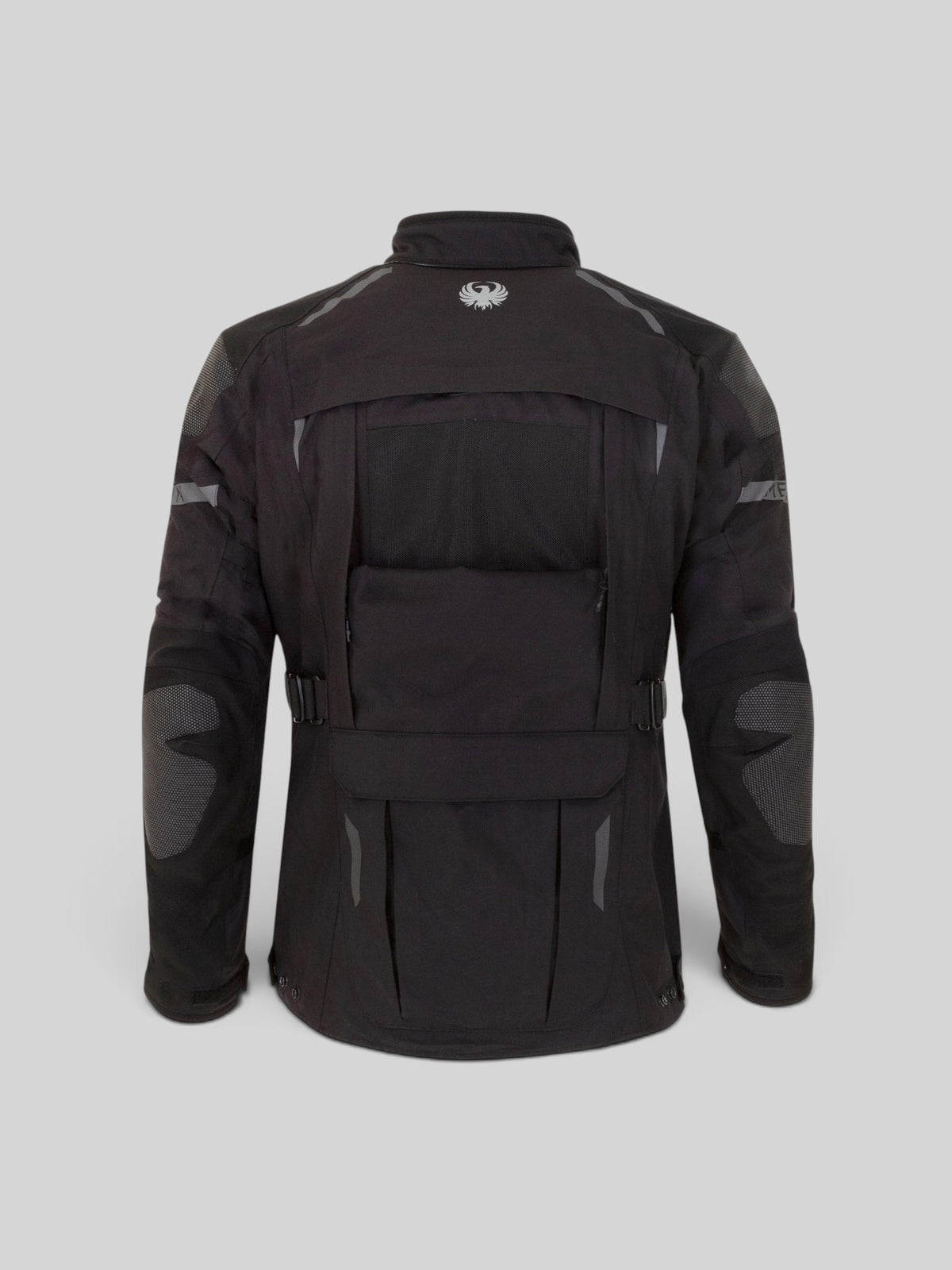 Back view of the black Baffle Haus Akashi Pro Laminated enduro jacket with Superfabric overlays and reflective details.