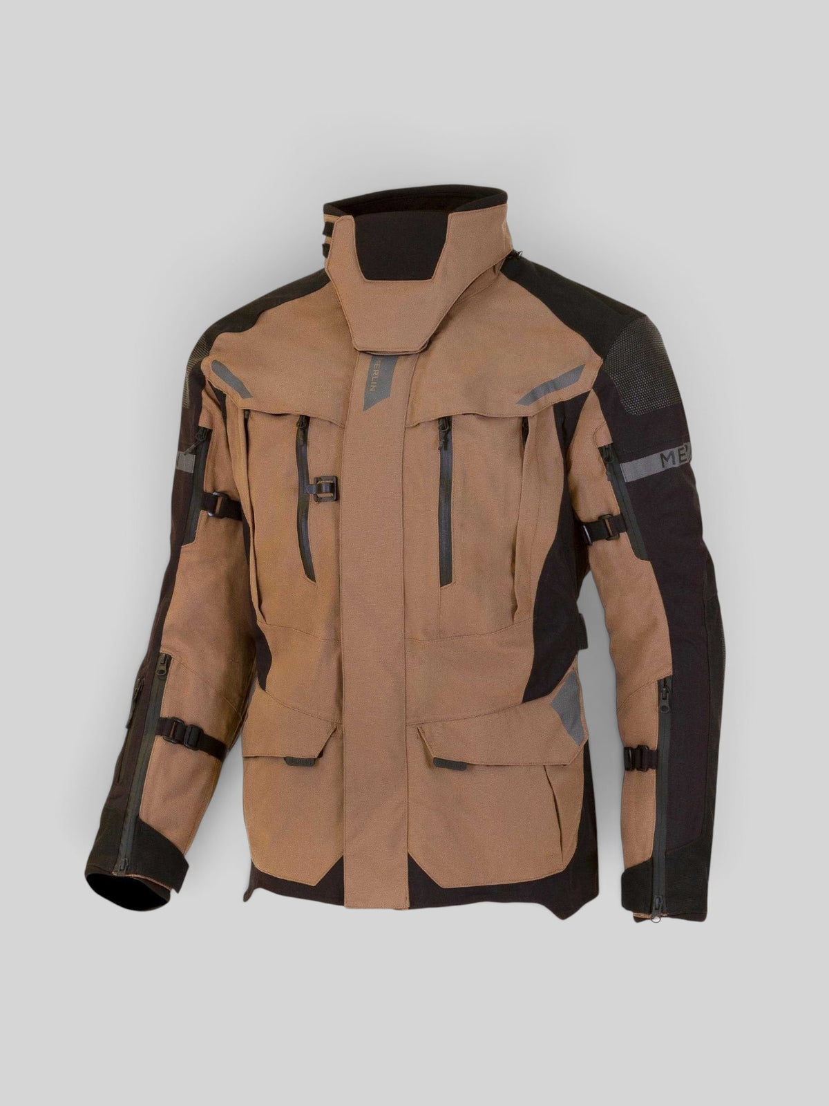 Baffle Haus Akashi Pro laminated enduro adventure jacket in desert brown and black with technical waterproof zippers.