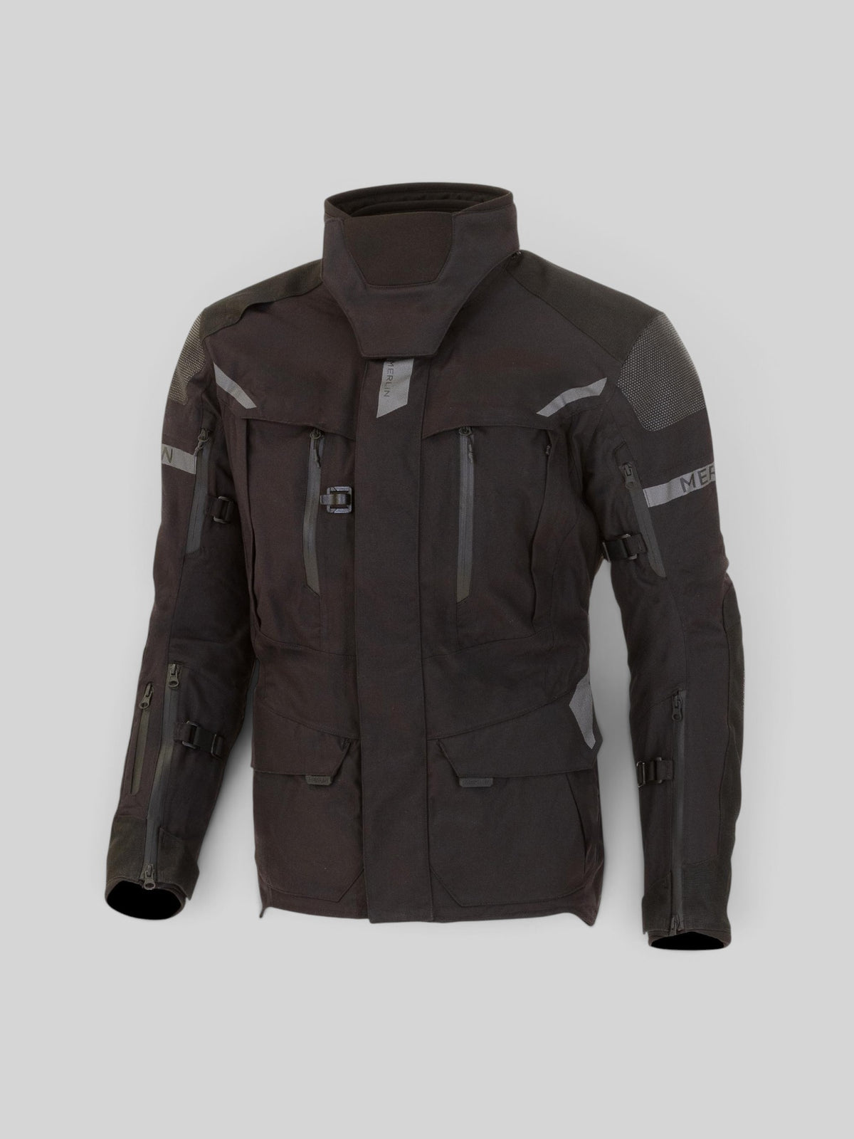 Baffle Haus black Akashi Pro laminated enduro motorcycle jacket with waterproof zippers and protective overlays.