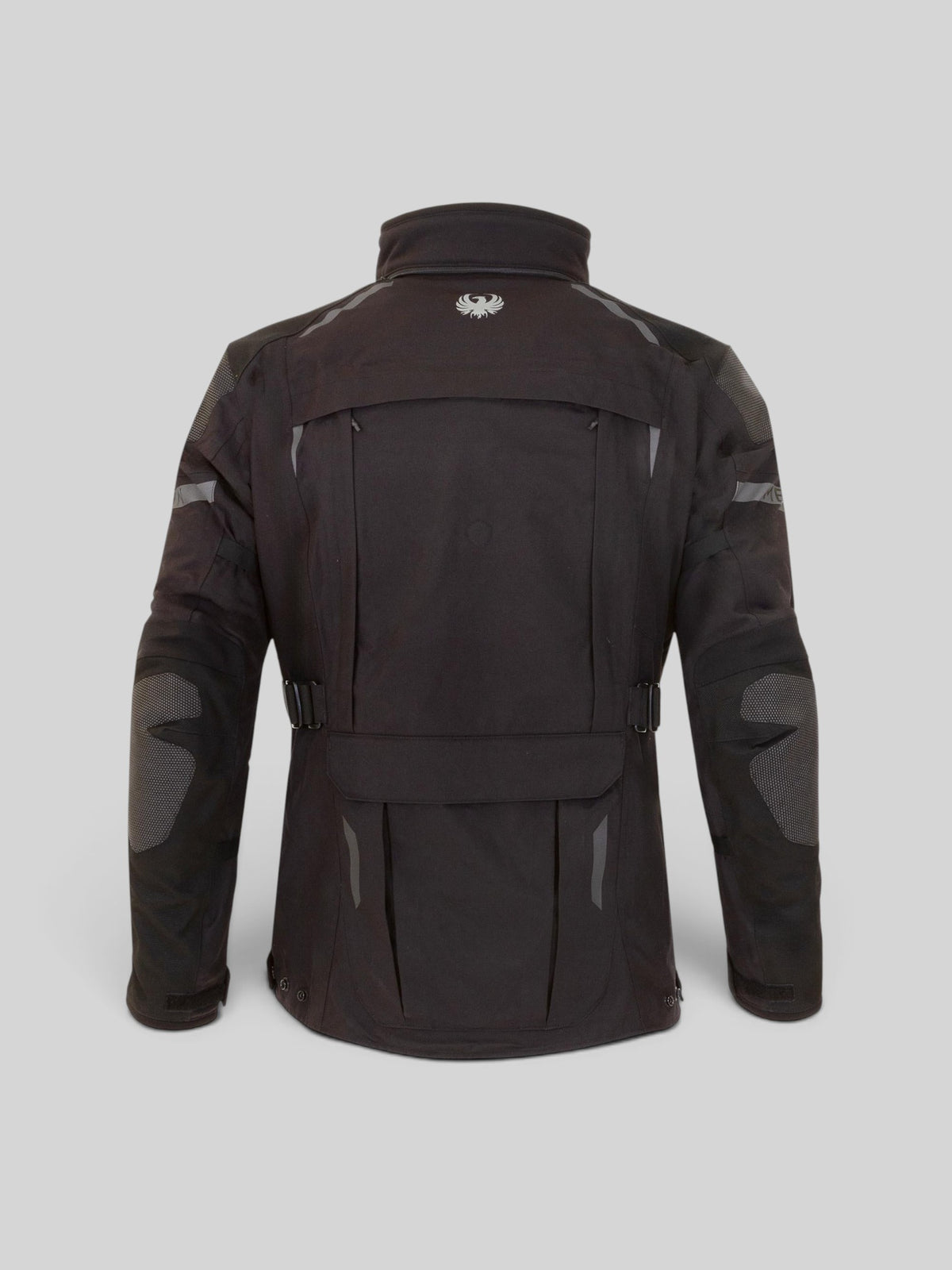 Baffle Haus Akashi Pro black laminated enduro motorcycle jacket, back view with Superfabric abrasion-resistant panels.