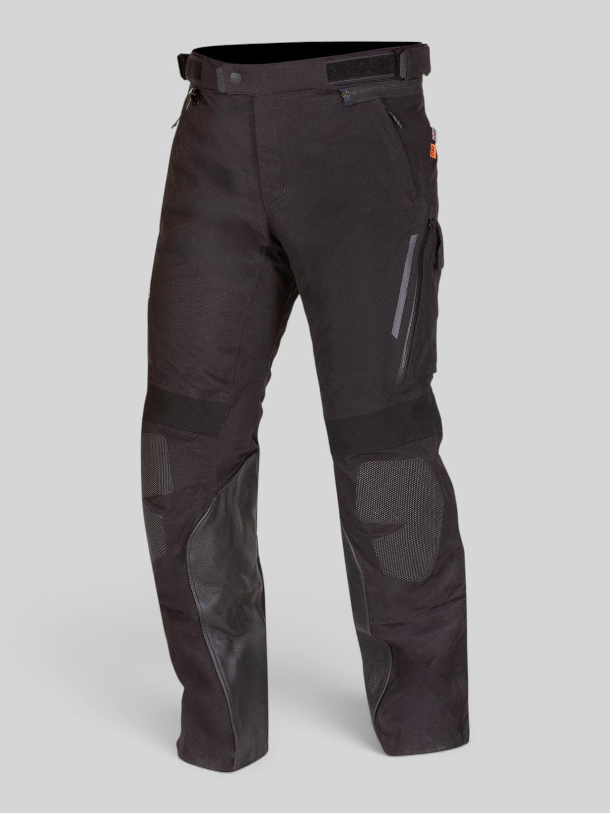 Baffle Haus Akashi Pro black laminated adventure motorcycle trousers with abrasion-resistant knee panels.
