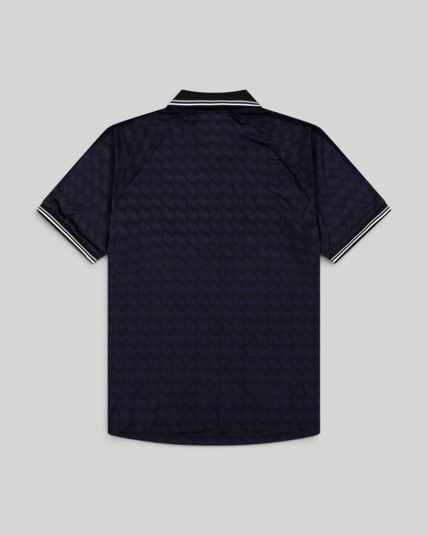 Baffle Haus Alma De Ace navy blue football jersey featuring a subtle repeating pattern and striped collar trim.