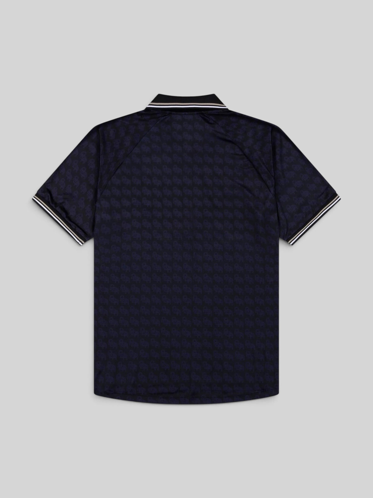 Baffle Haus Alma De Ace navy blue football jersey featuring a subtle repeating pattern and striped collar trim.
