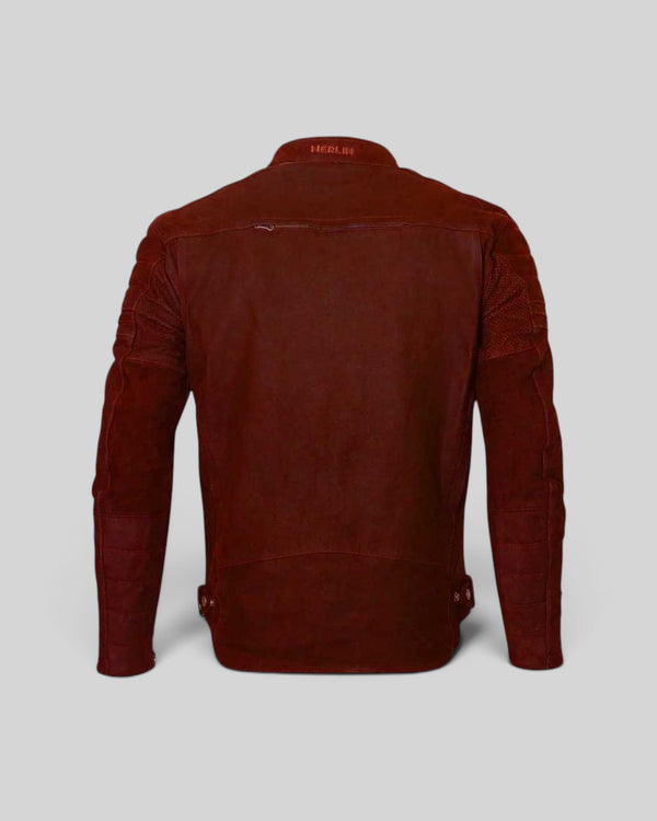 Back view of the Baffle Haus Alton II D3O leather motorcycle jacket in oxblood with quilted shoulder detailing.