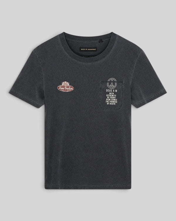 Baffle Haus A110 anthracite grey lightweight recycled cotton blend tee with chest pocket and motorsport graphics