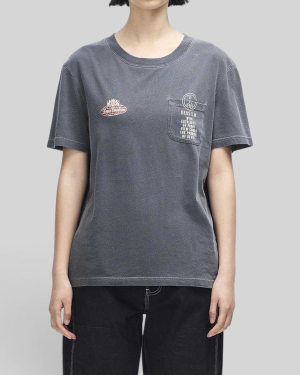 Baffle Haus A110 anthracite recycled cotton blend t-shirt with chest pocket and motorsport-inspired graphic prints