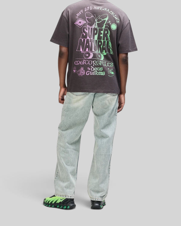 Baffle Haus Temple Torque Os Tee in anthracite grey with oversized fit, graphic chest and back print, and stone wash.