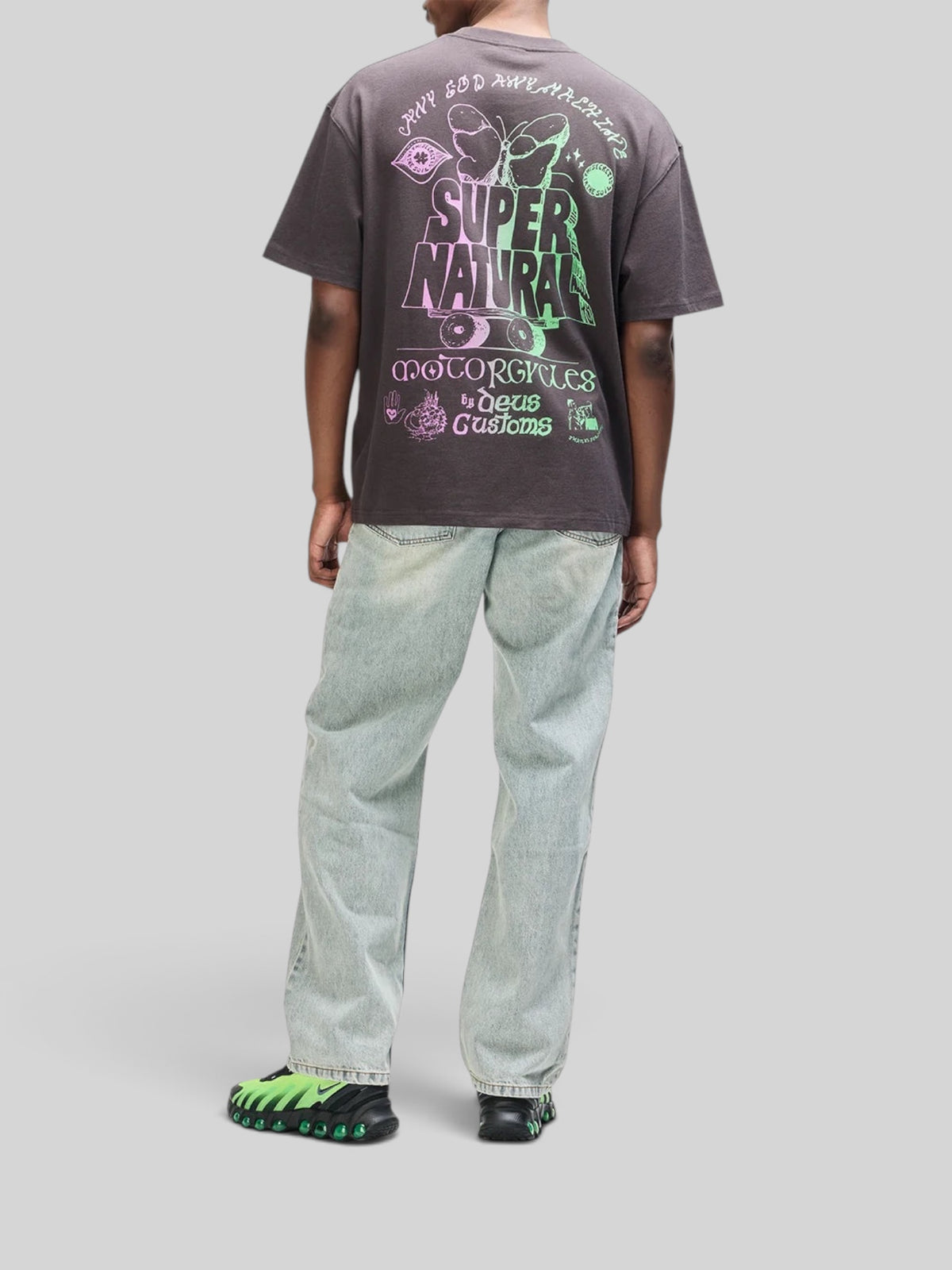 Baffle Haus Temple Torque Os Tee in anthracite grey with oversized fit, graphic chest and back print, and stone wash.