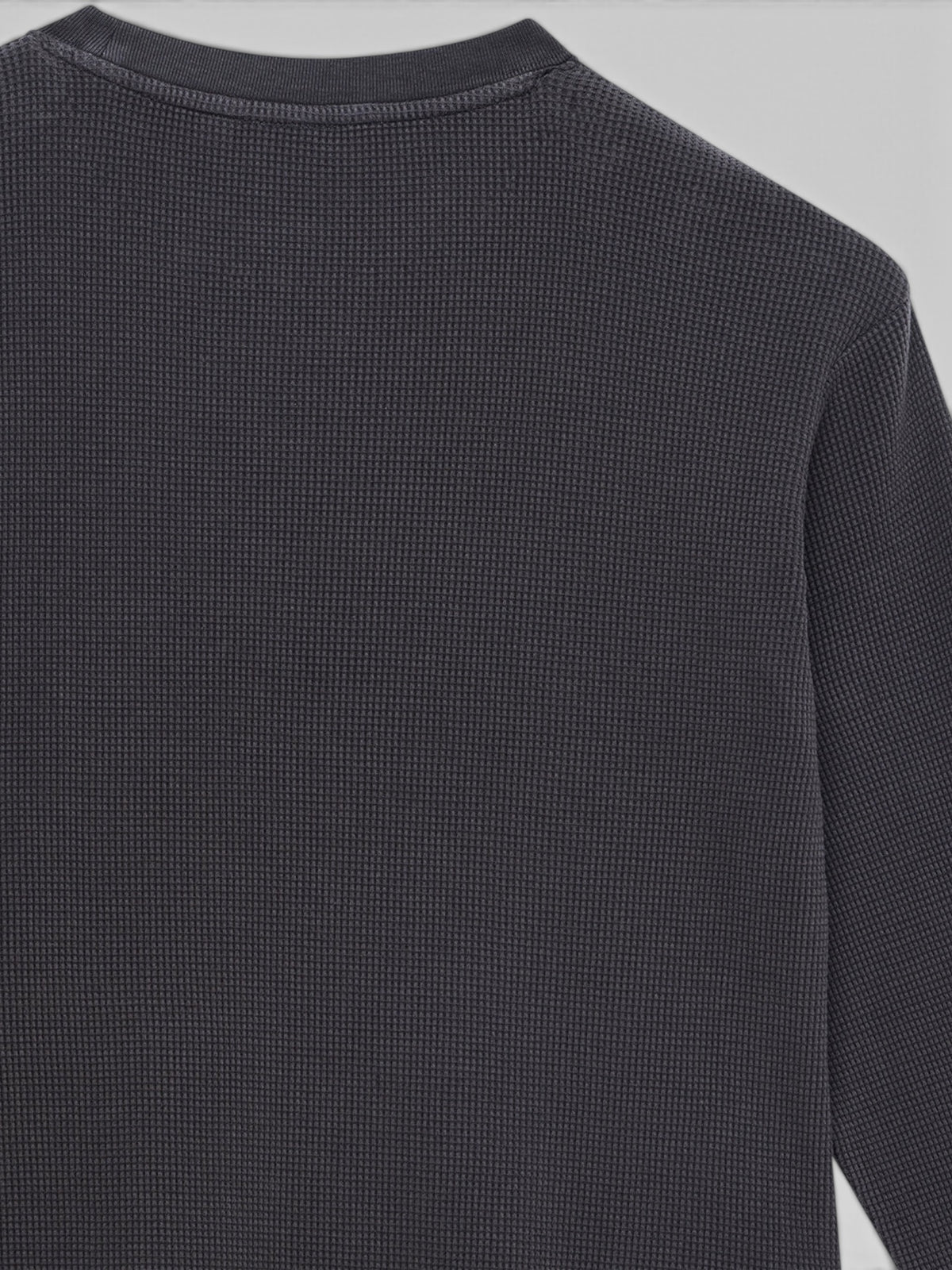 Baffle Haus anthracite grey long sleeve waffle knit top in mid-weight cotton jersey with a pigment garment dye finish.