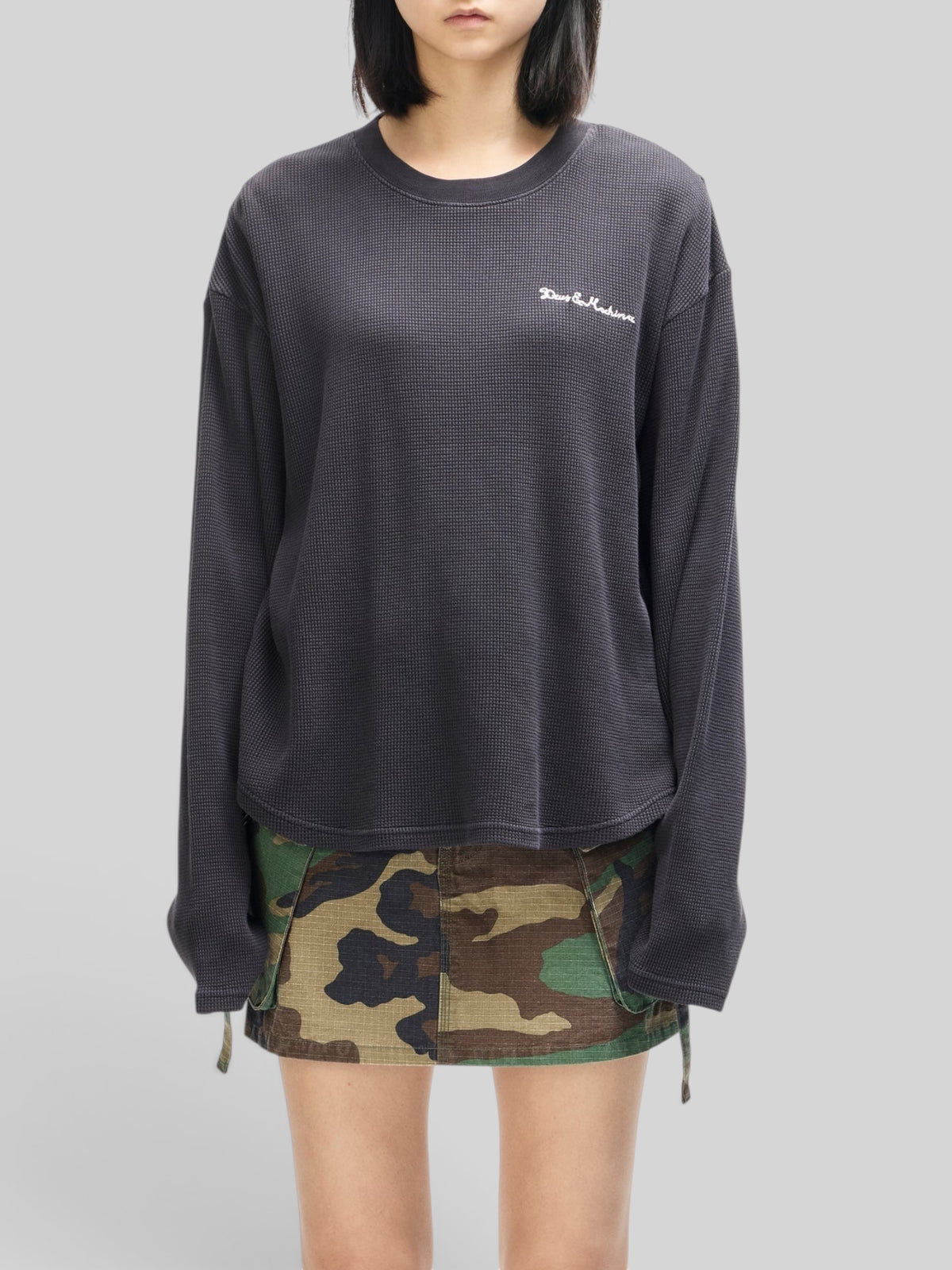 Baffle Haus anthracite grey long sleeve waffle knit top with Deus Ex Machina chest embroidery on a model