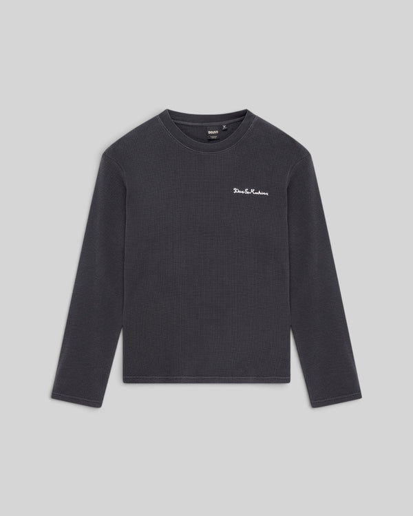 Baffle Haus anthracite grey long sleeve waffle knit top with Deus Ex Machina chest embroidery