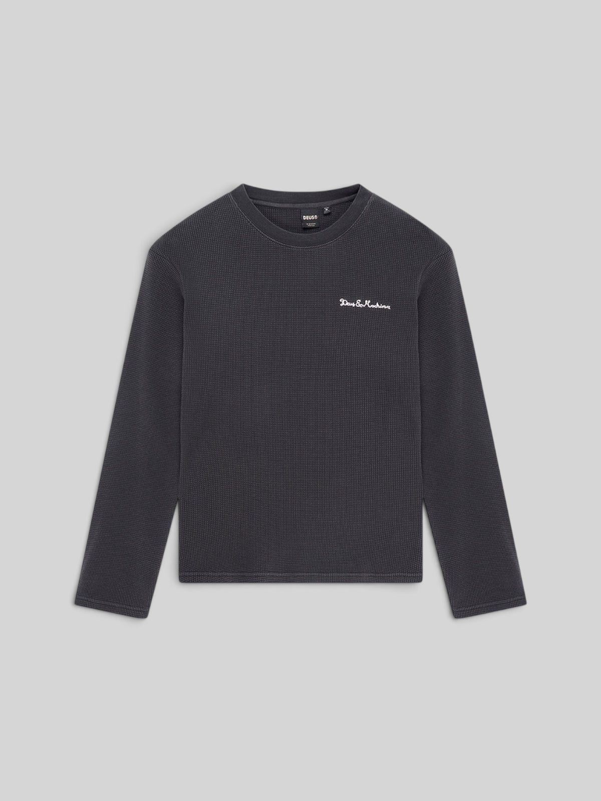 Baffle Haus anthracite grey long sleeve waffle knit top with Deus Ex Machina chest embroidery