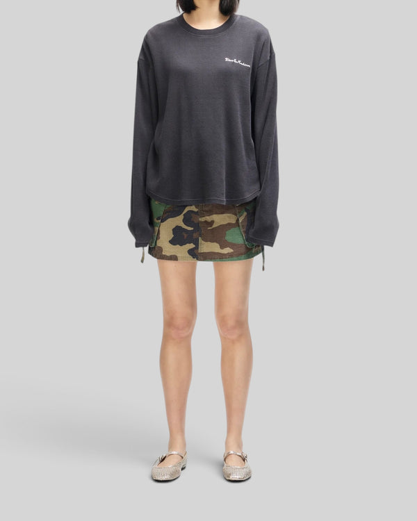 Baffle Haus anthracite grey long sleeve waffle knit top with Deus Ex Machina chest embroidery on a model