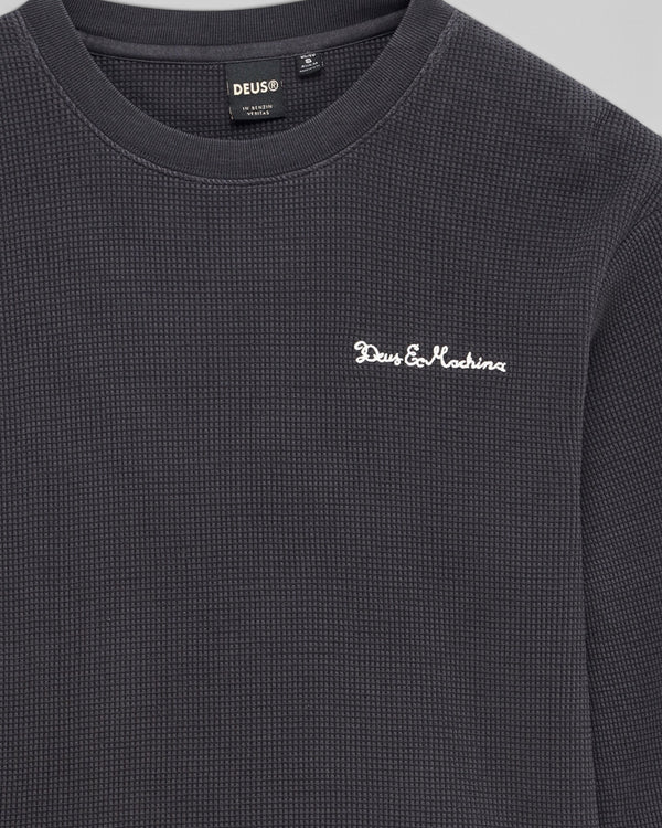 Baffle Haus anthracite grey long sleeve waffle knit top with white Deus Ex Machina chest embroidery