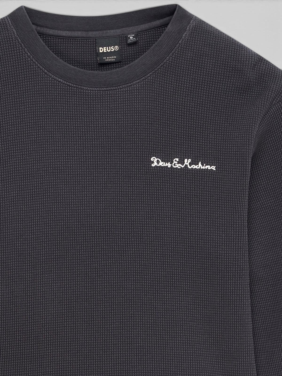Baffle Haus anthracite grey long sleeve waffle knit top with white Deus Ex Machina chest embroidery