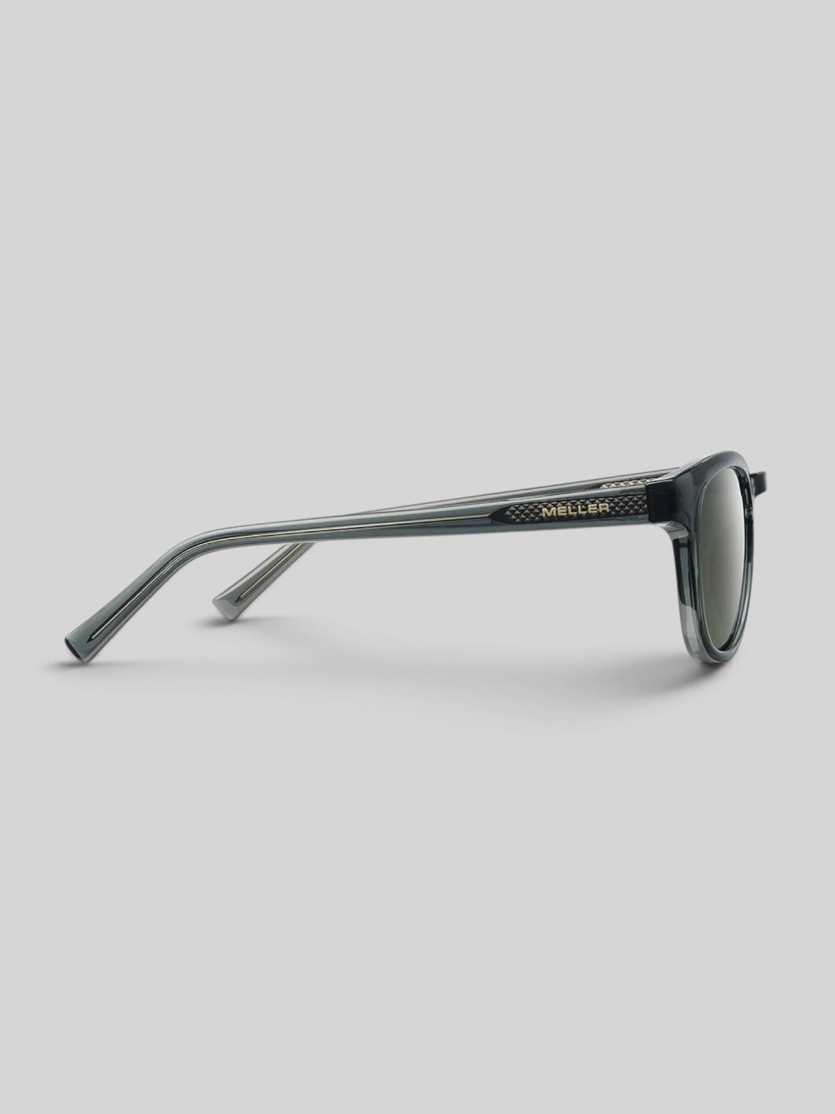 Baffle Haus Banna square sunglasses in fossil olive with polarized lenses and bio-based frames, side profile view.
