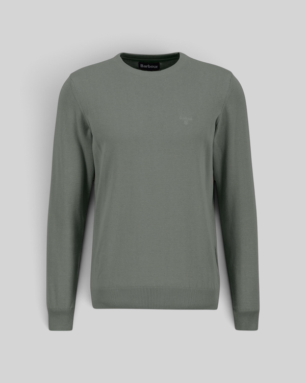 Baffle Haus Barbour agave green Pima cotton crew neck sweater with embroidered logo on the chest.
