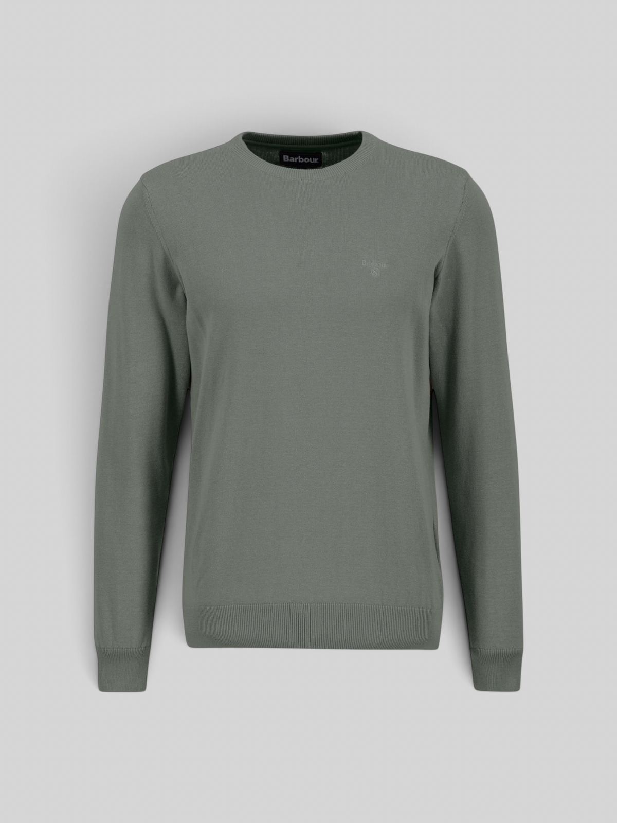 Baffle Haus Barbour agave green Pima cotton crew neck sweater with embroidered logo on the chest.