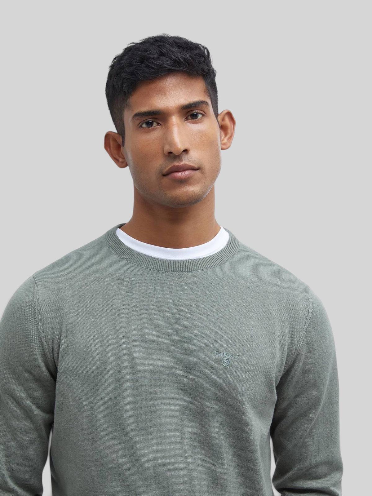Baffle Haus Barbour agave green Pima cotton crew neck sweater with embroidered logo on chest worn by a man