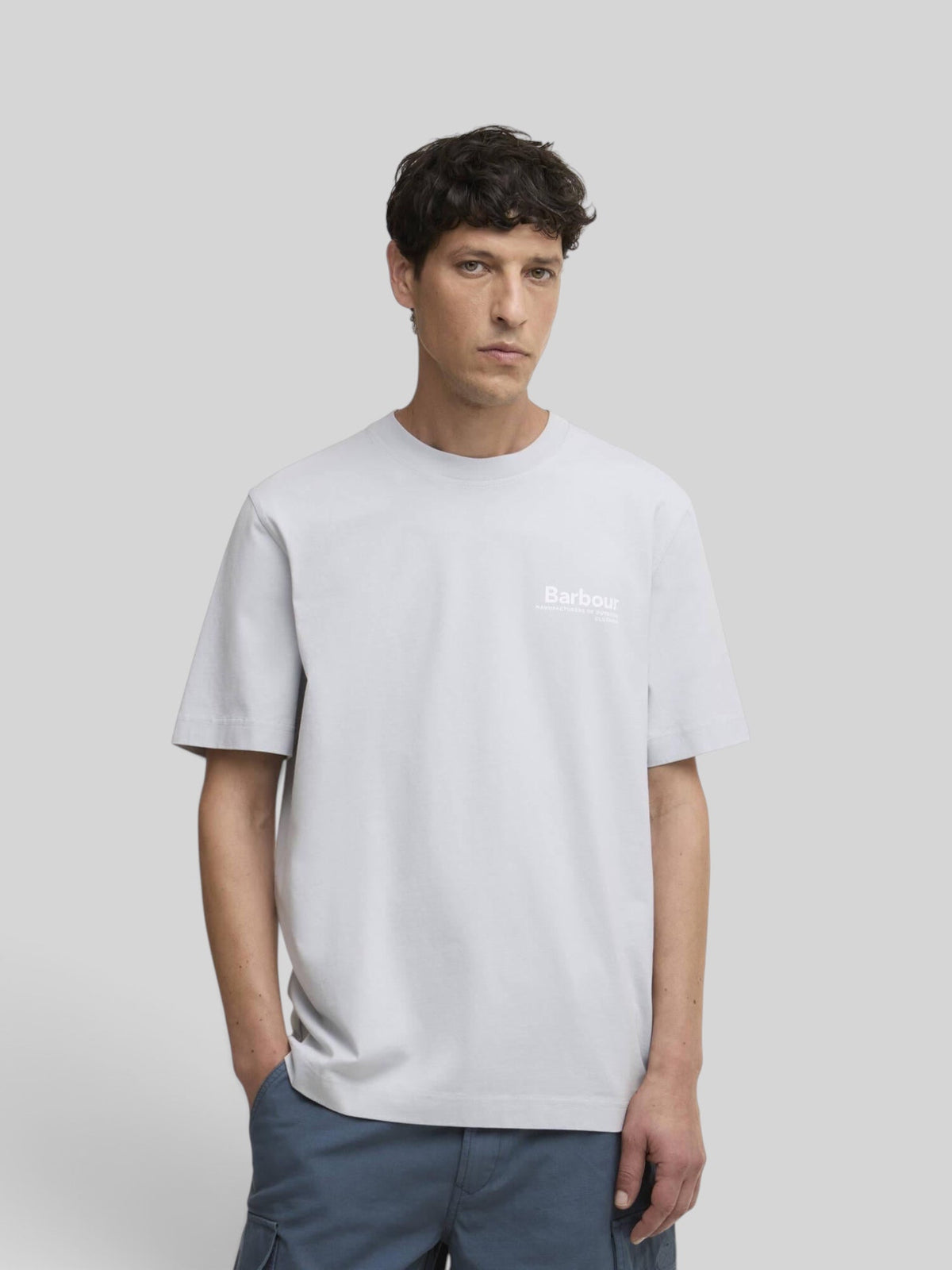 Baffle Haus Barbour Wildfell relaxed fit blue haze cotton t-shirt with small chest logo worn by a male model