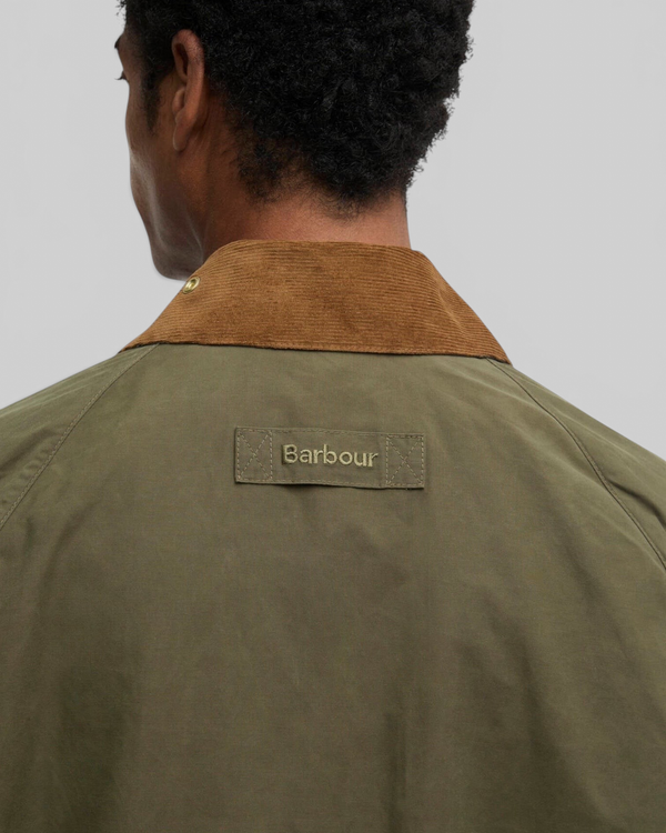 Baffle Haus Barbour Icons Transport jacket in ivy green with a brown corduroy collar and back brand embroidery detail