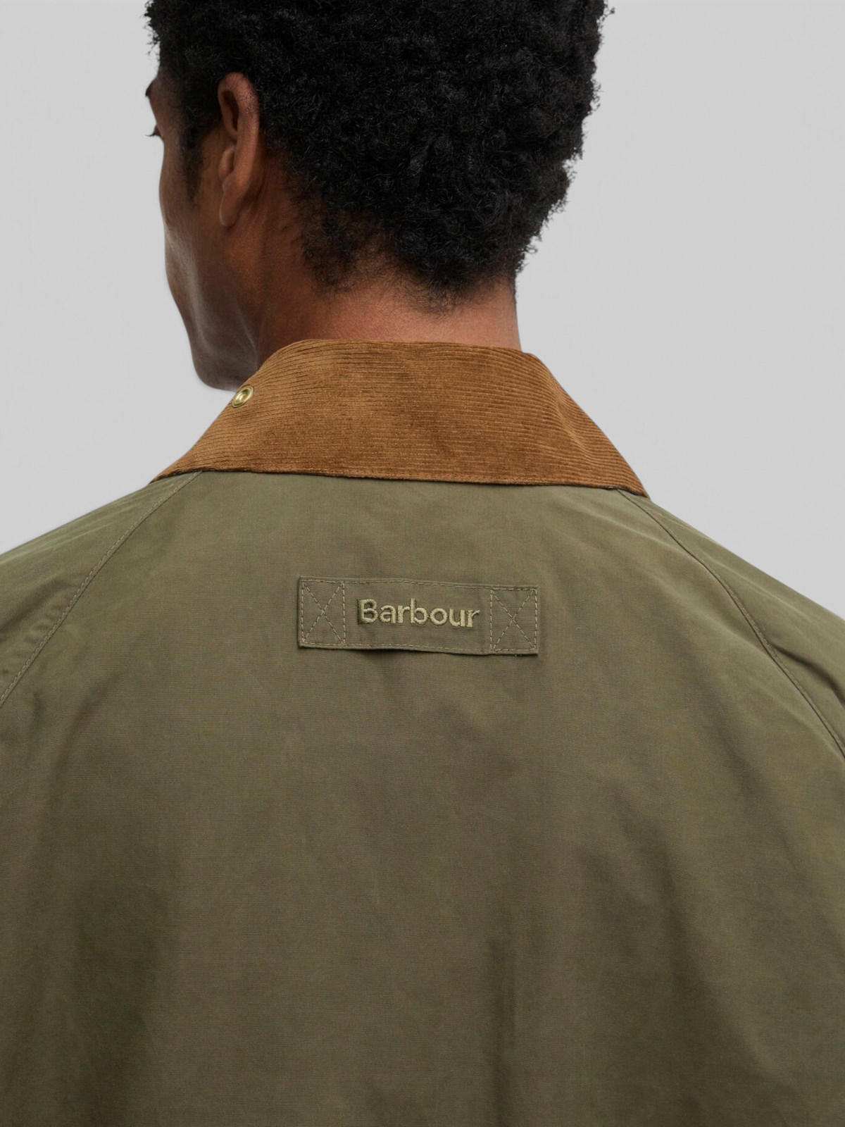 Baffle Haus Barbour Icons Transport jacket in ivy green with a brown corduroy collar and back brand embroidery detail