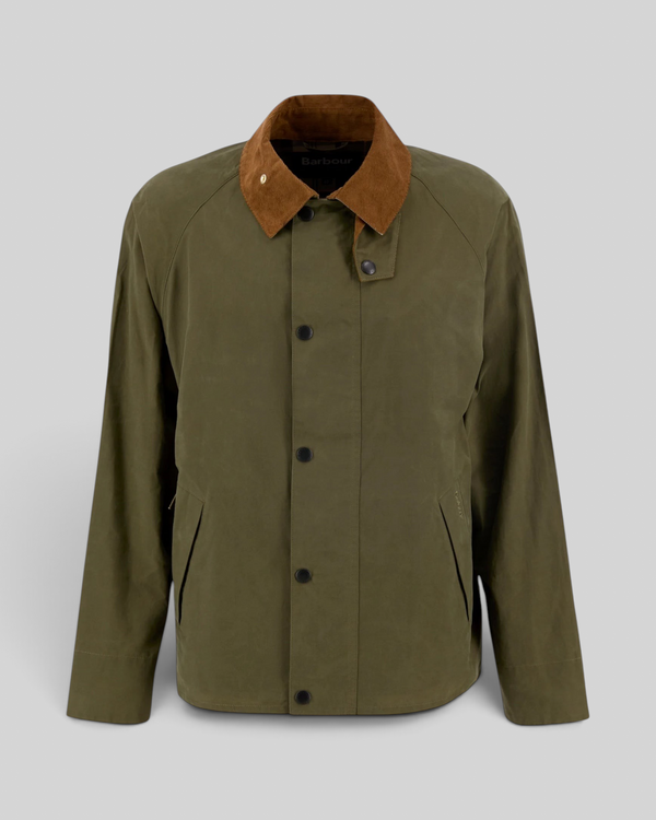 Baffle Haus Barbour Icons Transport casual jacket in ivy green with a brown corduroy collar and button-front closure.