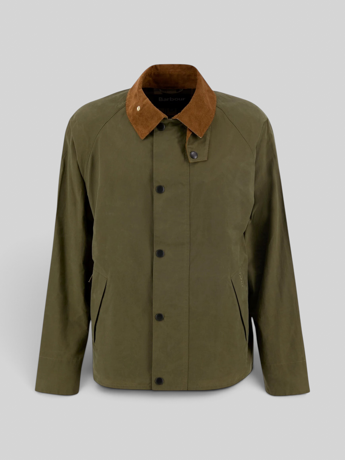 Baffle Haus Barbour Icons Transport casual jacket in ivy green with a brown corduroy collar and button-front closure.