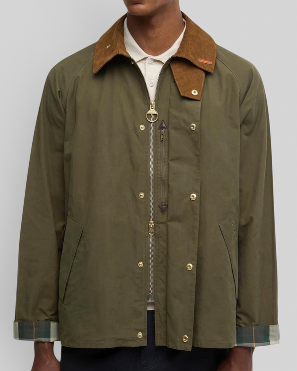 Baffle Haus Barbour Icons Transport casual jacket in ivy green with a brown corduroy collar and tartan cuff detail.