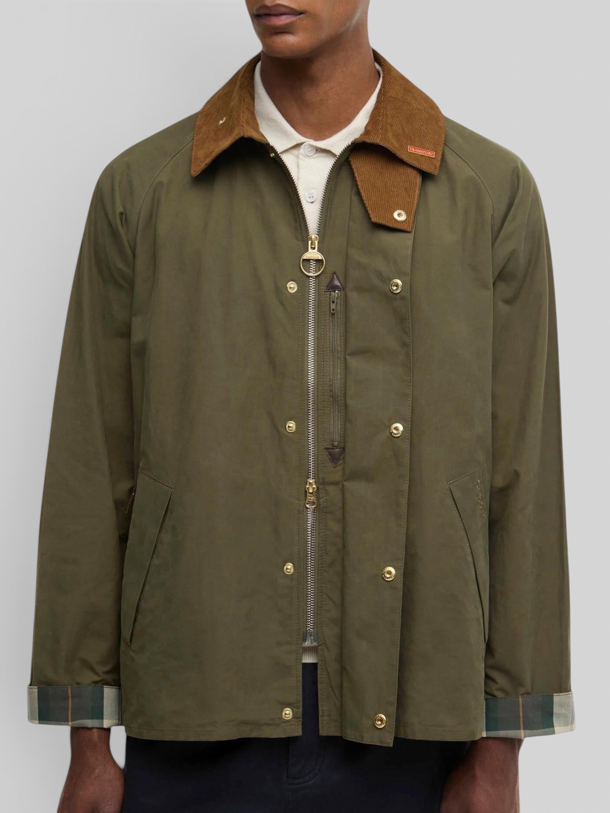 Baffle Haus Barbour Icons Transport casual jacket in ivy green with a brown corduroy collar and tartan cuff detail.