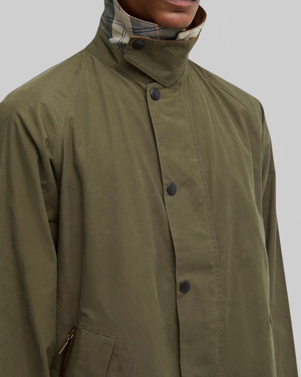 Baffle Haus Barbour Icons Transport casual jacket in ivy green with a signature cord collar and tartan trim detail.